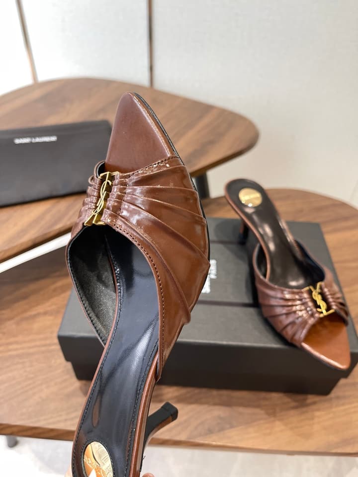 Saint Laurent Pointed Toe Stiletto Heeled Sandals – 26SS in Black - Gold Logo Plaque