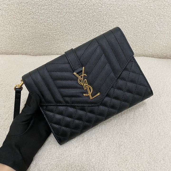 Saint Laurent Monogram Envelope Clutch Bag in Classic Black Quilted Leather