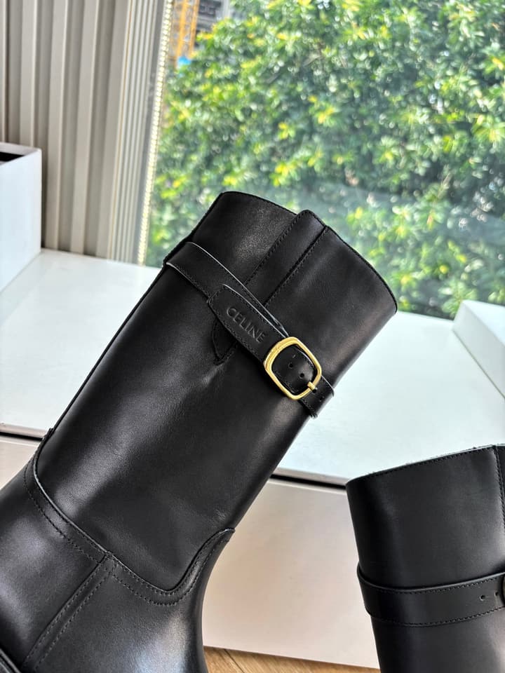 Celine Triomphe Knight Ankle Boots – 2025 Fall/Winter Collection in Black And Brown Leather Display