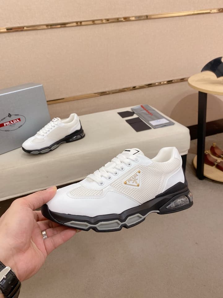 Prada Men's Leather Mesh Sneakers – New Collection in Light Grey With White Logo