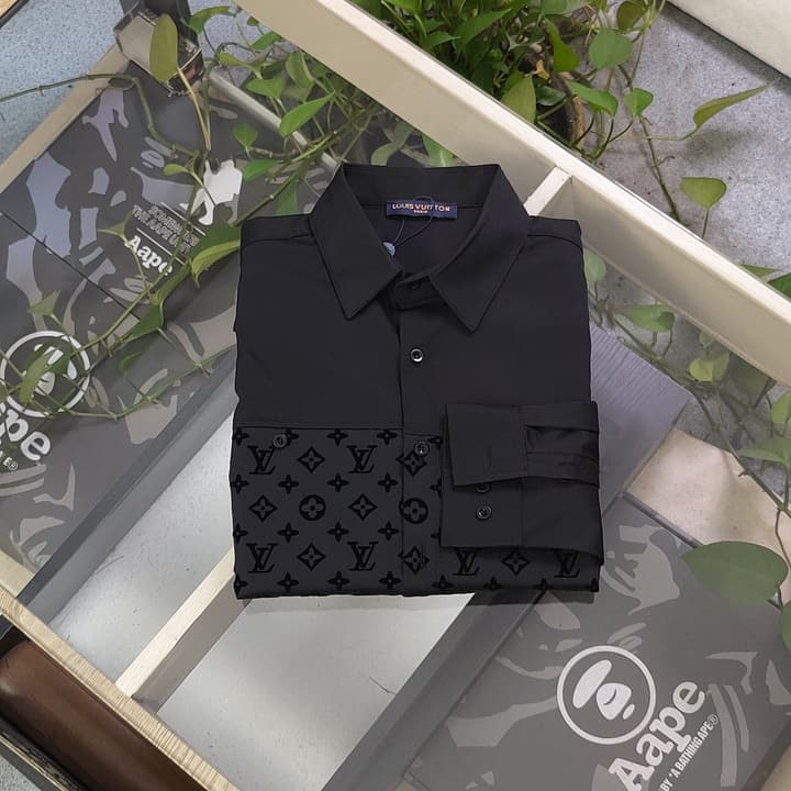 Louis Vuitton Flocked Logo Patchwork Long Sleeve Shirt – 2025 Collection in Black Flocked Monogram Shirt