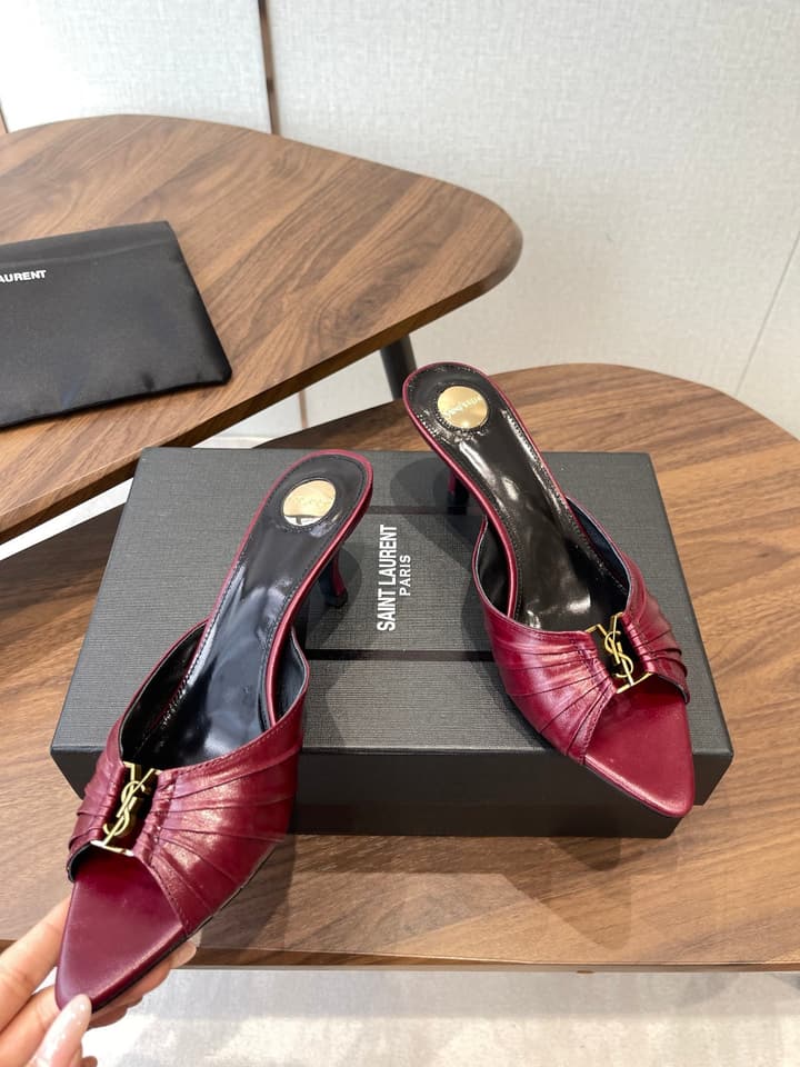 Saint Laurent Pointed Toe Stiletto Heeled Sandals – 26SS in Black - Gold Logo Plaque