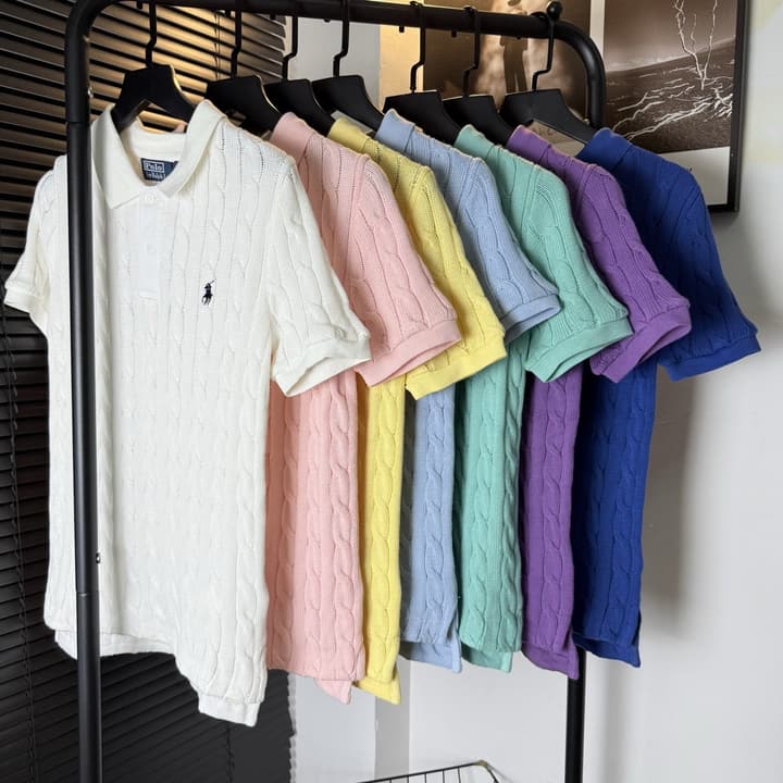Ralph Lauren Pony Embroidered Cable-Knit Polo Shirt in Baby Blue