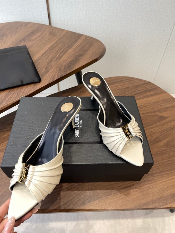 Saint Laurent Pointed Toe Stiletto Heeled Sandals – 26SS in Black - Gold Logo Plaque