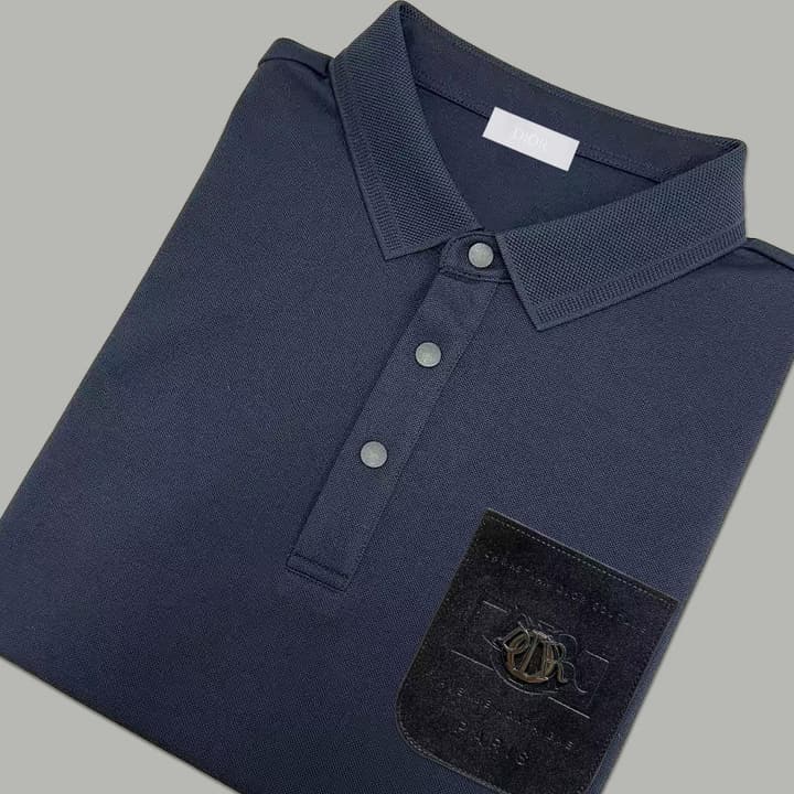 Dior Silk Long Sleeve Polo Shirt with Metal Patch in White With Solid Pocket
