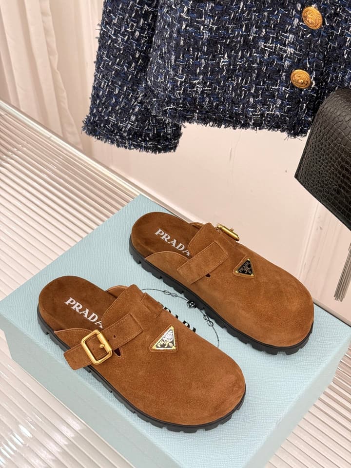 Prada Triangle Logo Birkenstock Slippers – Spring/Summer Collection in Black Suede