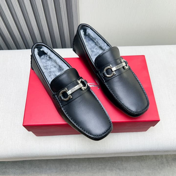 Ferragamo Imported Cowhide Fur-Lined Loafers in Black Patent Leather