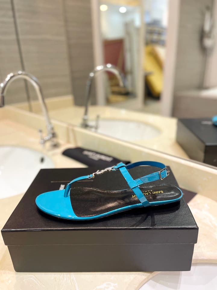 Saint Laurent Beautiful Siren Flat Sandals in Bright Blue