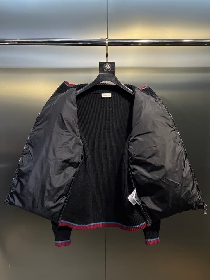 Moncler Knitted Patchwork Stand-Collar Jacket in Dark Brown