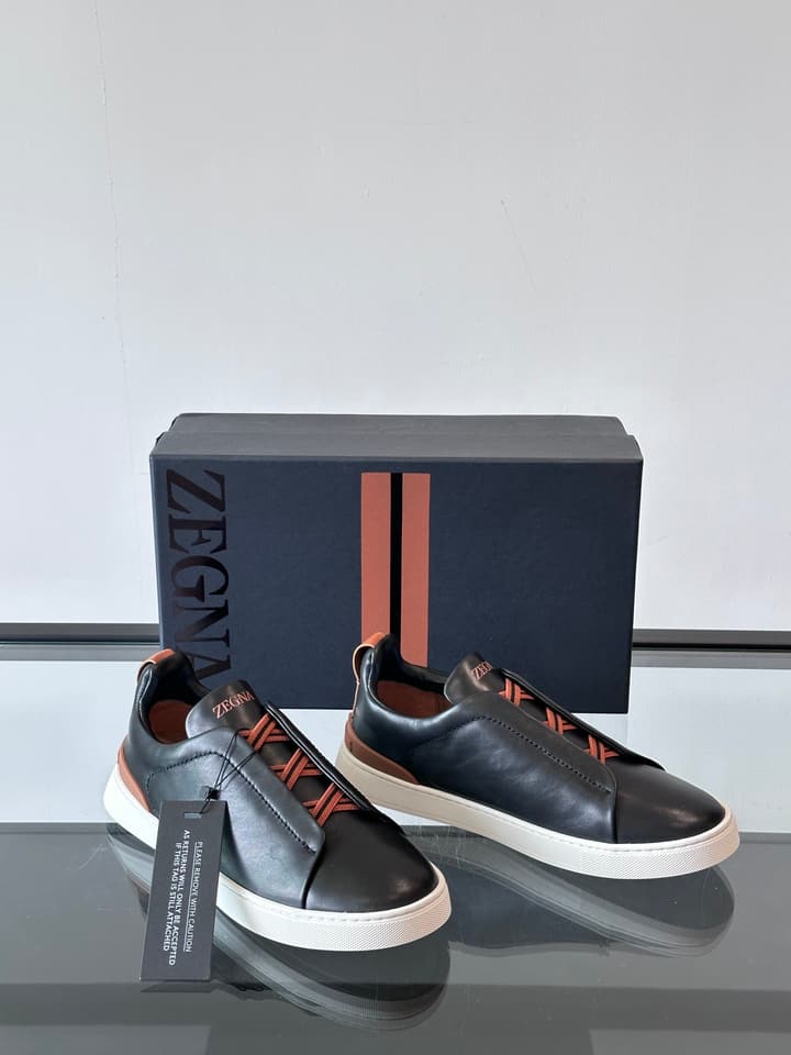 Zegna Men's Low-Top Leather Sneakers in Black & White
