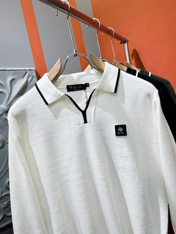 Loro Piana 2025 Knit Sweater with Chest Logo – Autumn/Winter Collection in White With Black Tipping