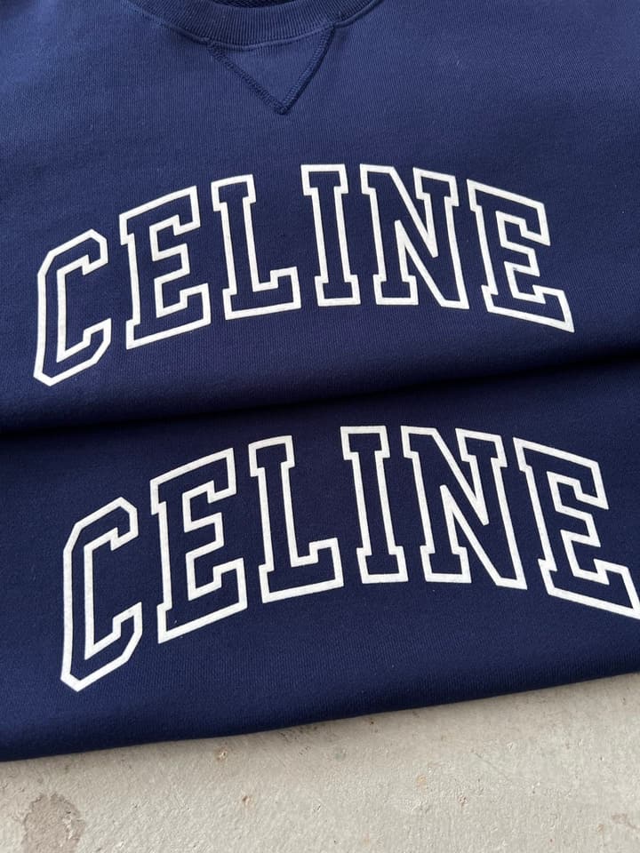 Celine Flocked Letter Pullover Sweatshirt – 2025FW in Navy Blue Folded