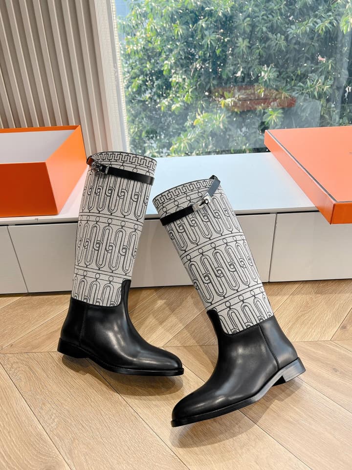 Hermès Jumping Canvas & Leather Knee-High Boots – 2024 Collection in Black