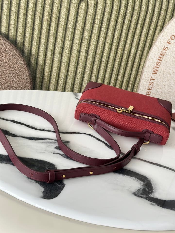 Loro Piana L19 Canvas Crossbody Bag – Spring/Summer Resort Collection in Beige Canvas With Burgundy Trim