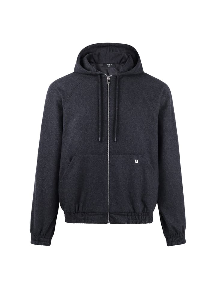 Fendi Hooded Zipper Cashmere Blend Jacket in Deep Charcoal Black