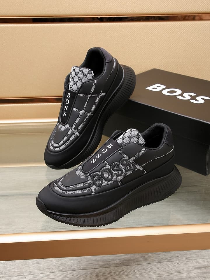 Boss New Men's Luxury Athletic Sneakers in Black With White Detail
