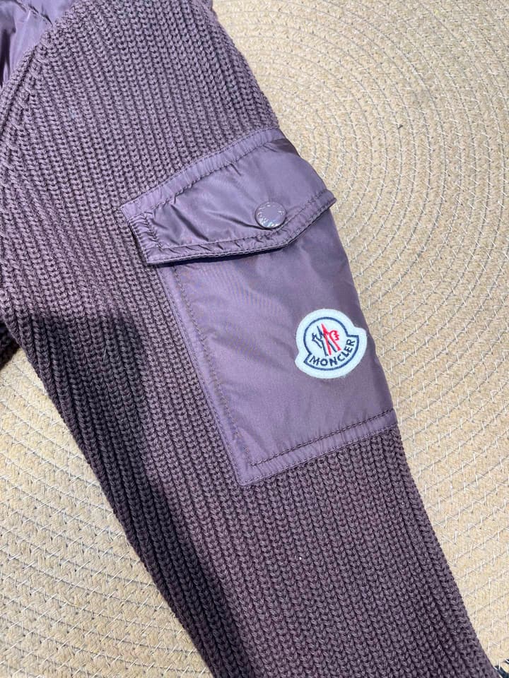 Moncler Knitted Patchwork Stand-Collar Jacket in Dark Brown