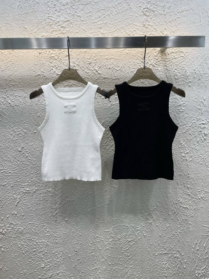 Celine Triomphe Embroidered Crewneck Knit Tank Top in Black