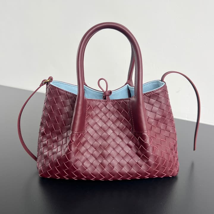 Bottega Veneta Pinacoteca Small Tote Handbag – 2025SS in Burgundy With Light Blue Lining A