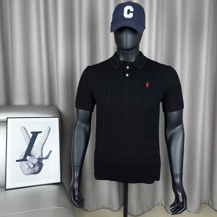 Ralph Lauren Classic Cable Knit Polo Sweater in Black