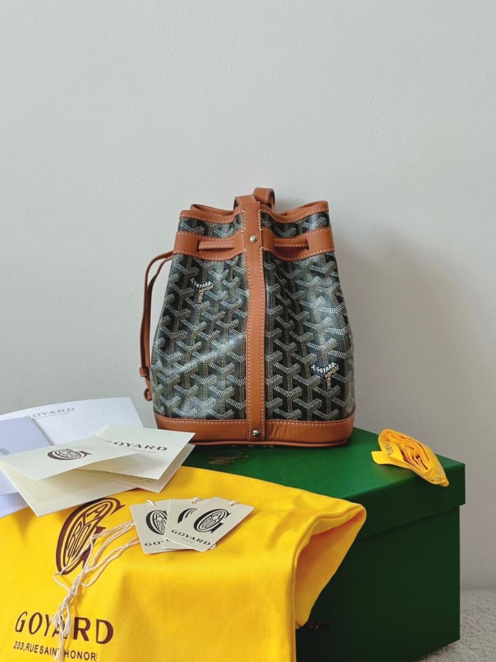 Goyard Petit Flot Bucket Bag in Black/grey Goyardine With Tan Trim
