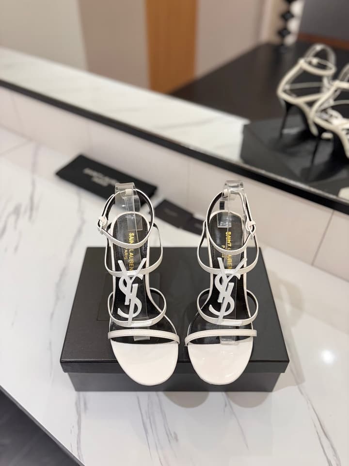 Saint Laurent YSL Logo Mirror Leather Heeled Sandals in Black With Black Logo