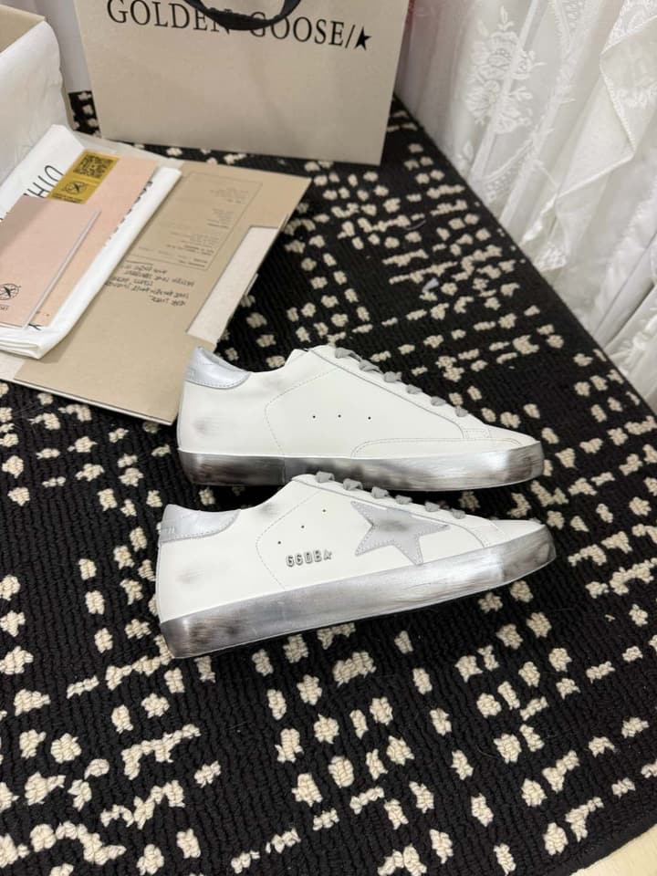 Golden Goose Super Star Rhinestone Leather Sneakers in Grey Suede Black Leather White Star