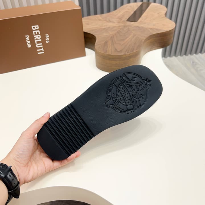 Berluti Hand-Painted Calfskin Slippers in Matte Black