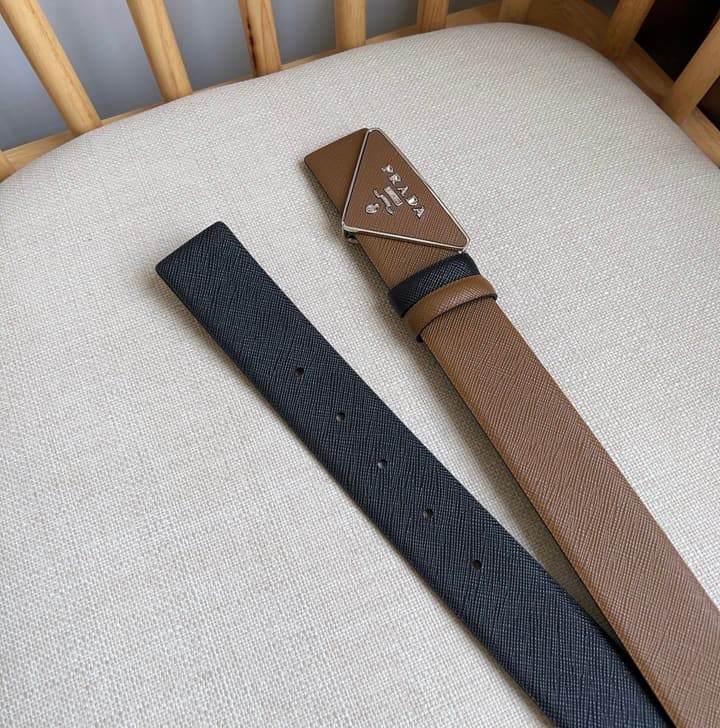 Prada Triangle Logo Buckle Belt in Classic Camel Leather