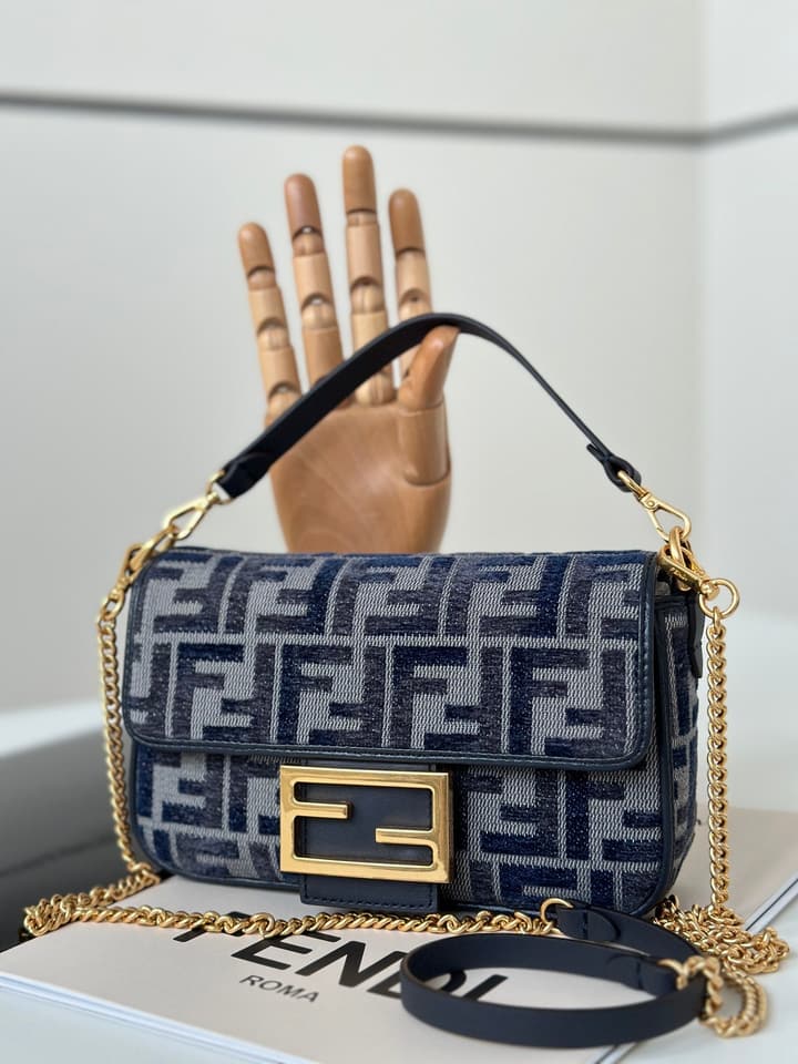 Fendi Small Baguette Handbag in Dark Blue Gradient Ff Chenille