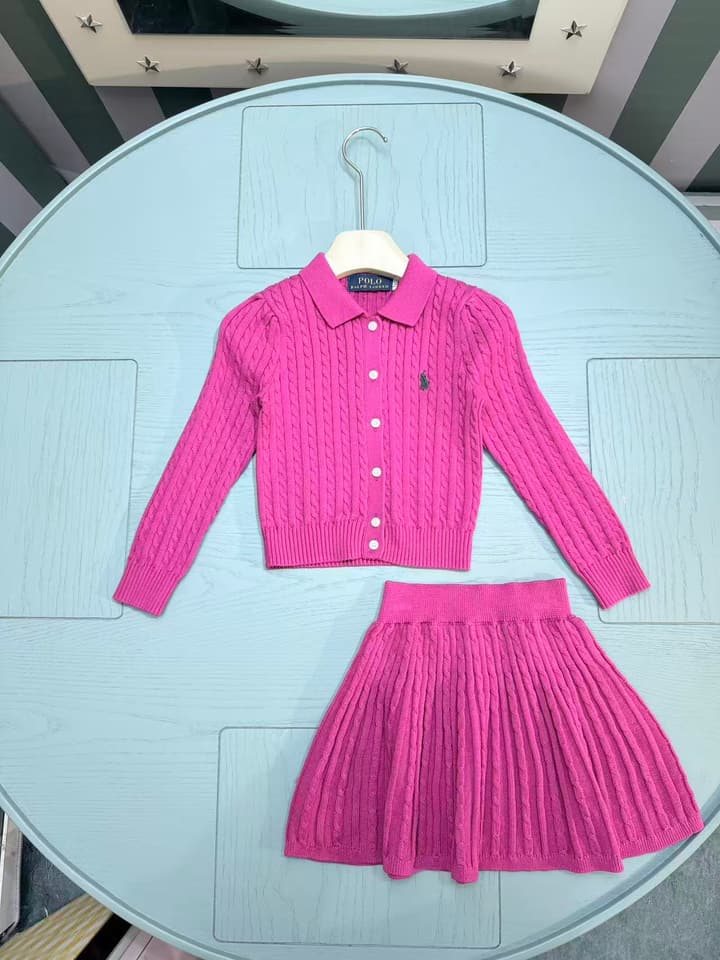 Ralph Lauren Girls' Knit Cardigan and Skirt Set – 2025SS in Fuchsia Pink Set