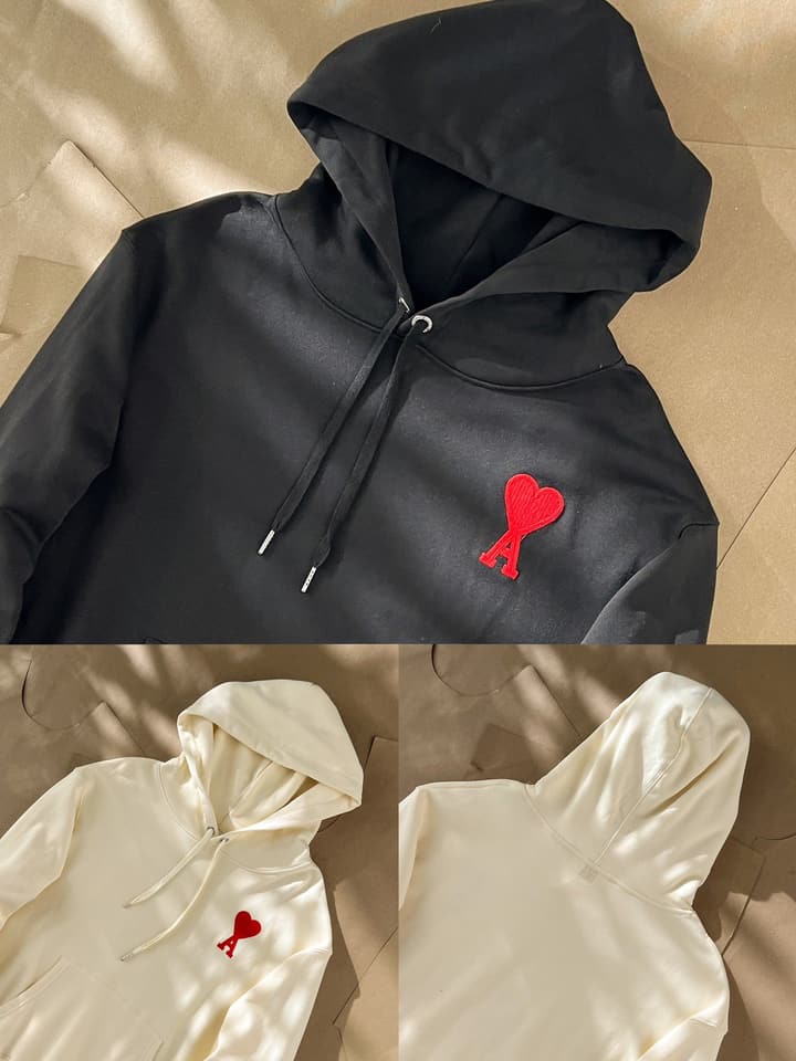 Ami Paris Ami De Coeur Heart Embroidery Hoodie in Beige