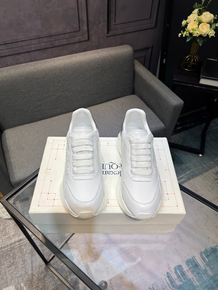 Alexander McQueen White Silk Leather Platform Sneakers in Black