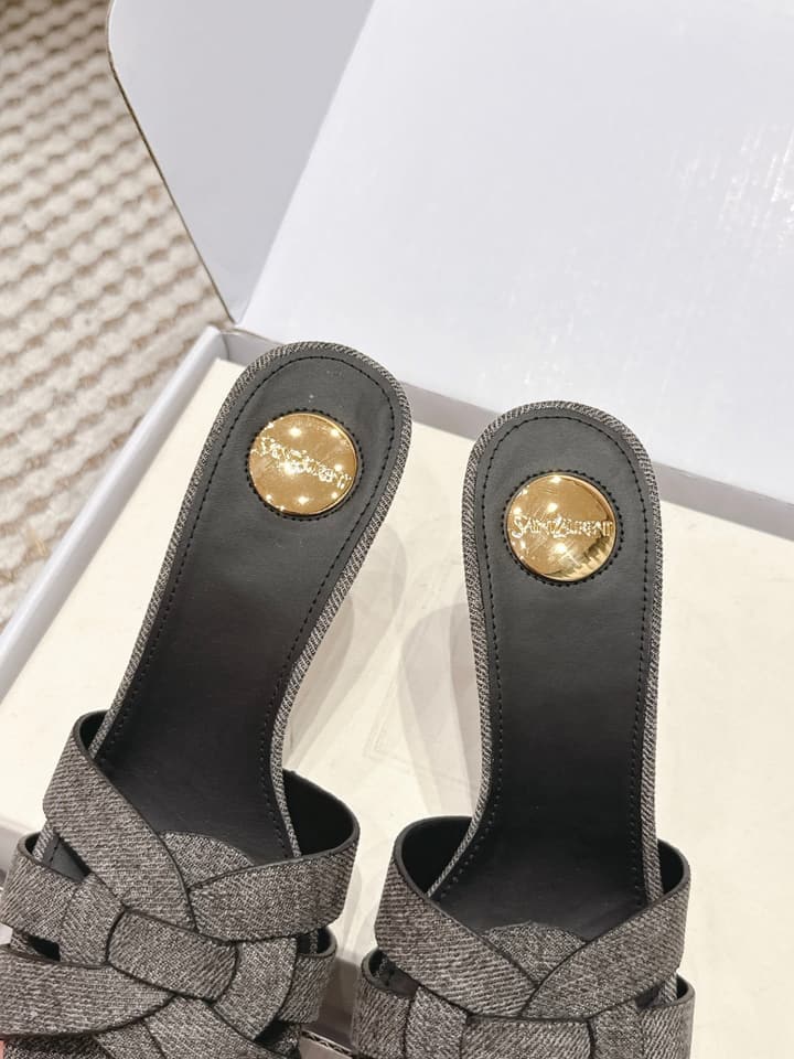 Saint Laurent Melody Square-Toe Heeled Sandals – 2026 Spring/Summer Collection in Beige Patent