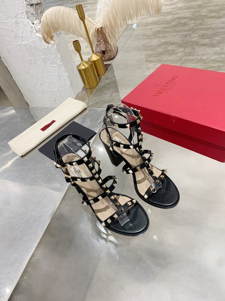 Valentino Studded Classic Block Heel Sandals in Black With Black Studs 6.5cm Heel