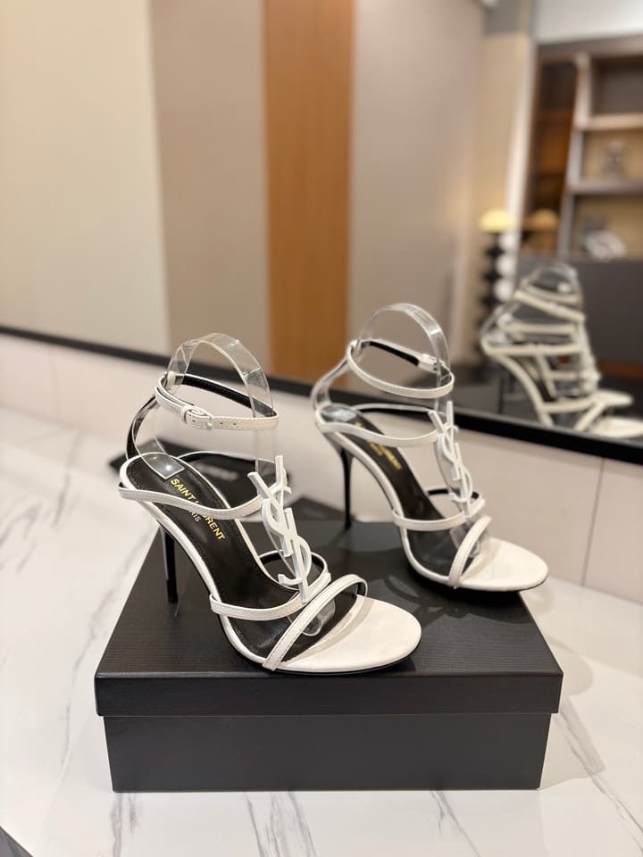 Saint Laurent YSL Logo Mirror Leather Heeled Sandals in Black With Black Logo
