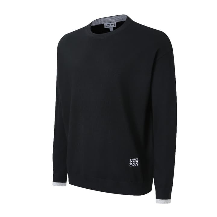 Loewe Embroidered Anagram Wool Crewneck Sweater in Black With Grey Cuffs