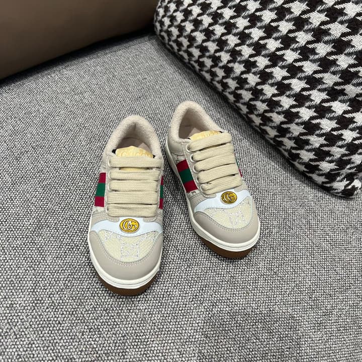 Gucci Rhyton Distressed Kids' Sneakers – Kids Collection – 2023SS in Cream With Blue Flower Design