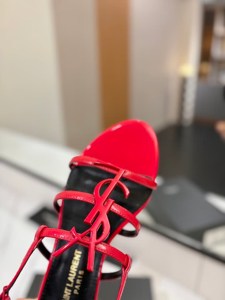 Saint Laurent YSL Metal Logo Heeled Sandals in Matte Black Criss-cross Strap Sandal