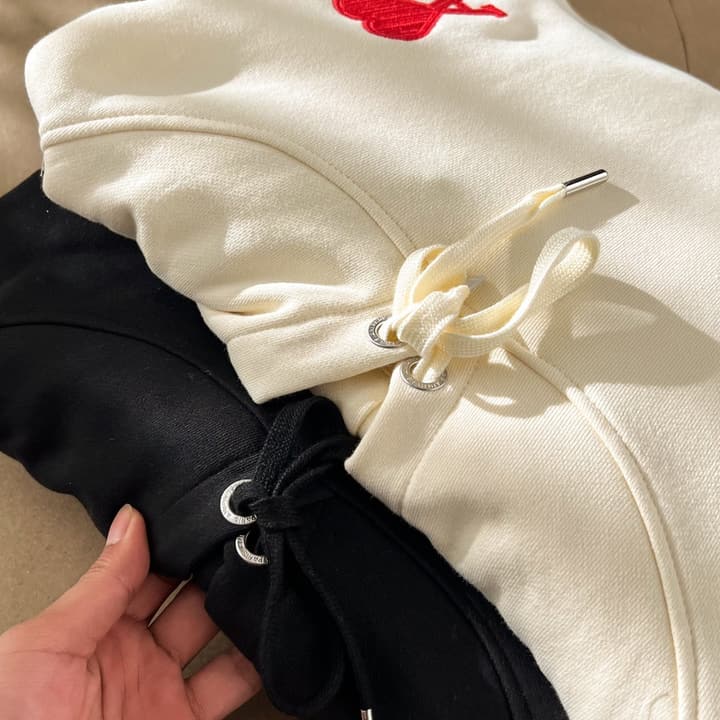 Ami Paris Ami De Coeur Heart Embroidery Hoodie in Beige