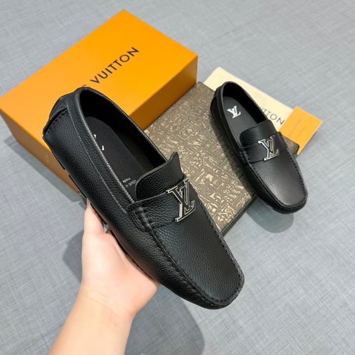 Louis Vuitton Men's Grained Leather Driving Shoes in Dark Gunmetal Hardware