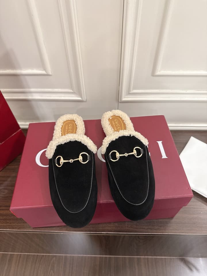 Gucci Princetown Merino Wool Mules in Black Suede With Silver Hardware