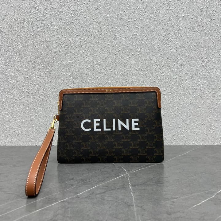Celine Clutch Bag with Wrist Strap in Dark Monogram With Brown Trim