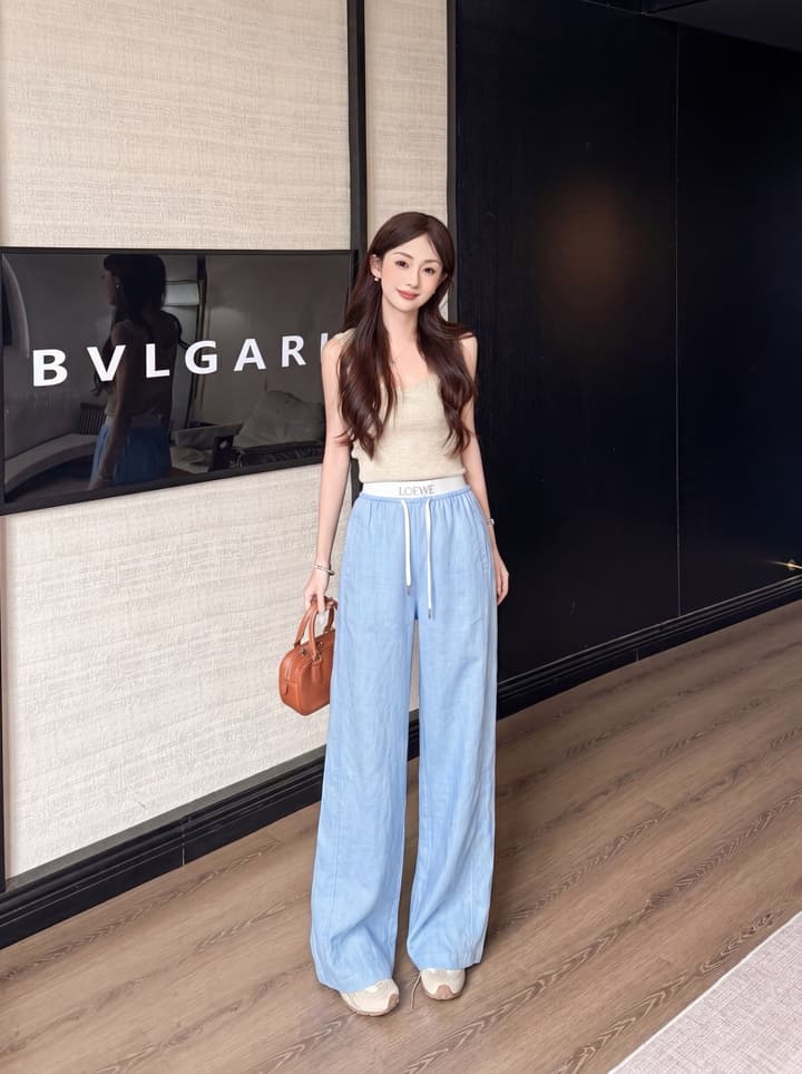 Loewe Embroidered Linen Casual Pants in Sky Blue