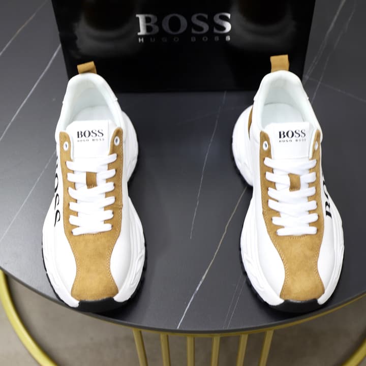 Boss Men's Luxury Running Sneakers in Black Mesh With White Sole