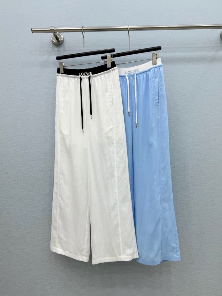 Loewe Embroidered Linen Casual Pants in Sky Blue