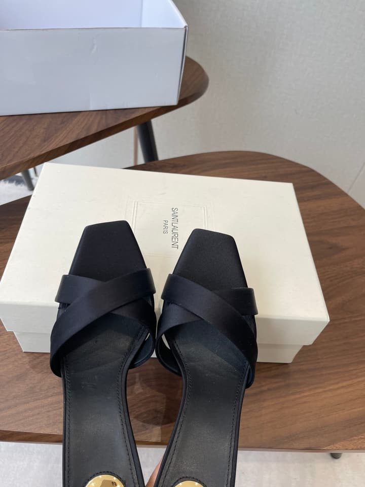 Saint Laurent Opyum Satin Heeled Mules – Early Spring Collection – 26S in Champagne Gold