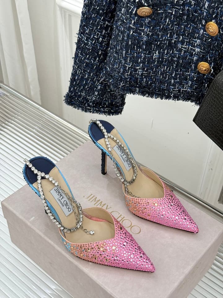 Jimmy Choo Classic Crystal Pointed High-Heeled Sandals in Lavender Yellow Ombre