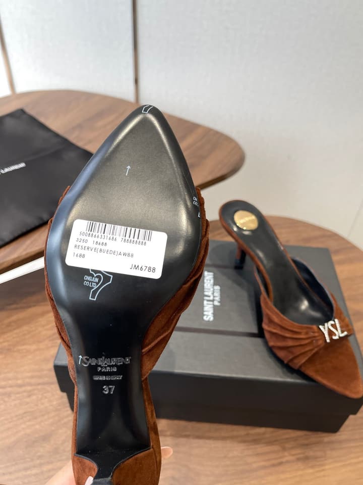 Saint Laurent Pointed Toe Stiletto Heeled Sandals – 26SS in Black - Gold Logo Plaque