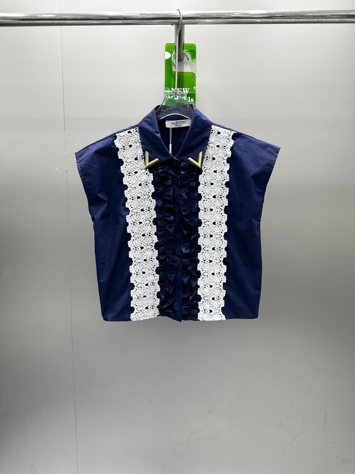 Valentino V-Logo Sleeveless Lace Blouse in Navy Blue